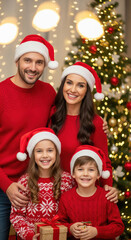Happy family wearing red sweaters and Santa hats smiling together in front of decorated Christmas tree, festive atmosphere with children holding gifts, warm holiday celebration