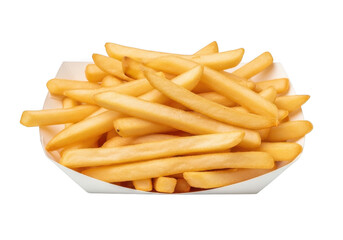 Delicious golden french fries in paper container, crispy and savory ready to eat, fast food treat isolated on transparent background