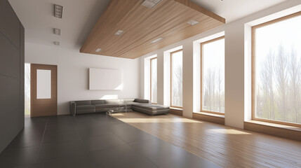 Fototapeta premium midcentury. A modern living room with mid-century furniture, featuring warm wood tones and open space. real-estate listings.