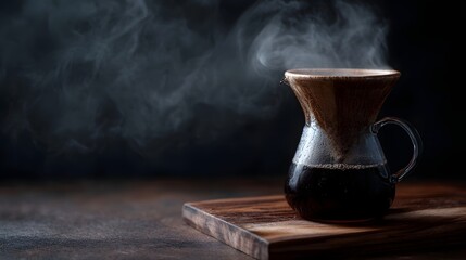 Steaming hot freshly brewed pour over coffee in a glass carafe on a wooden board dark background