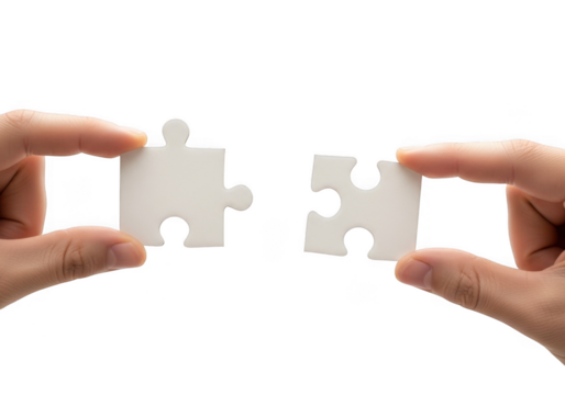 Hands holding white jigsaw puzzle pieces, concept of problem solving, teamwork, and strategy, business, connection, cooperation, success isolated on transparent background