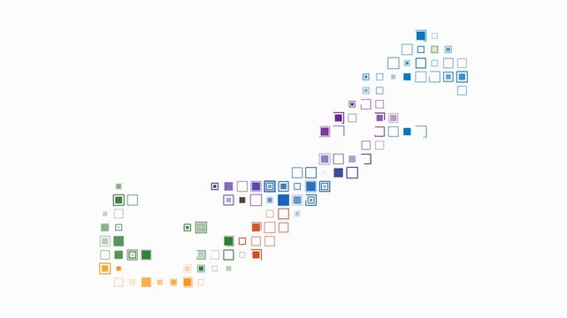 Bermuda map animation. Shape of the country with pulsating colored dots. Large size square blocks. Digital style Bermuda map on white background. Vibrant video.