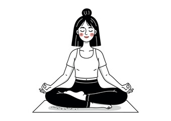 Minimalist Woman in Lotus Yoga Pose, Black and White Modern Wellness Illustration