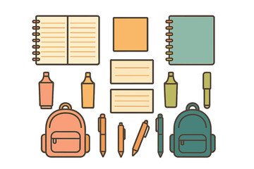 School and office supplies set including backpack, notebooks, pens, and highlighters