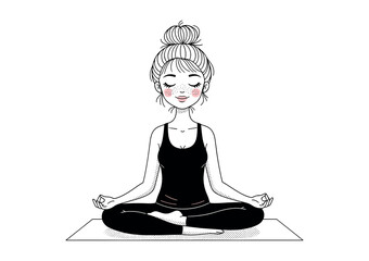 Peaceful Woman Meditating in Easy Pose, Black and White Minimalist Yoga Illustration