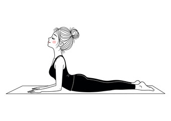 Minimalist Woman Performing Cobra Yoga Pose, Black and White Cute Wellness Illustration
