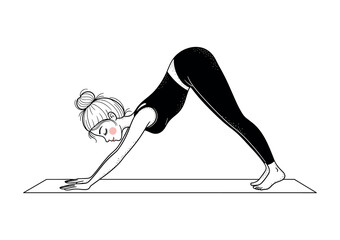 Cute Minimalist Woman Doing Downward Dog Yoga Pose on Mat, Black and White Vector Illustration