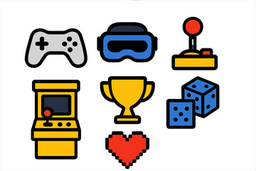 Colorful gaming icons set featuring video game controllers, VR headsets, and competition awards