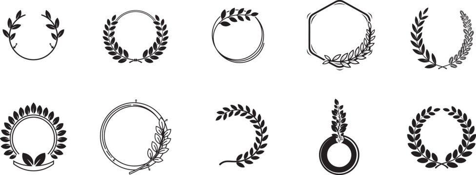 Laurel wreath silhouette vector set of circular botanical leaf frames and borders for logo, certificate, and invitation design