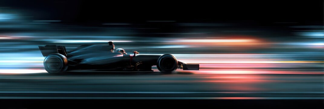 F1 Car Side on Highway. Black Racing Car Night Background Blur, 3D Render