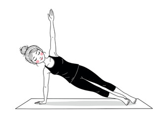 Minimalist Black and White Vector of Woman Doing Side Plank Pose, Cute Modern Yoga Illustration