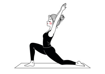 Cute Minimalist Woman in Crescent Lunge Yoga Pose, Black and White Wellness Vector Illustration