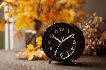 Fall Back One Hour. Daylight Saving Time Clock on Wood with Autumn Trees Background