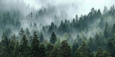 Obraz premium Misty Green Forest with Tall Pine Trees in Dense Mountain Landscape