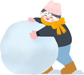 눈사람 만들기 일러스트. 모자를 쓰고 목도리를 맨 아이가 눈덩이를 굴리고 있다. 