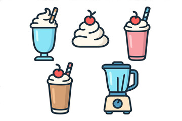 Assortment of delicious milkshakes and frozen beverages with whipped cream and kitchen blender