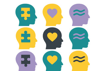 Abstract representation of human heads showing mental states, logic, emotion, and thought processes