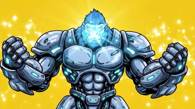 Cybernetic Gorilla Futuristic Power Unleashed on radiant yellow.