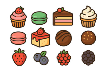 Colorful set of desserts and fresh berries including cupcakes macarons cake slice and fruits