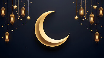 Naklejka premium Golden Crescent Moon and Lanterns Illustration A Festive Celebration Background