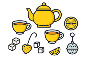 Yellow teapot, teacups, sugar cubes, lemon slices, and tea infusers set on white background