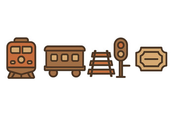 Set of retro railway travel symbols including train engine, passenger car, tracks, signal, and ticket