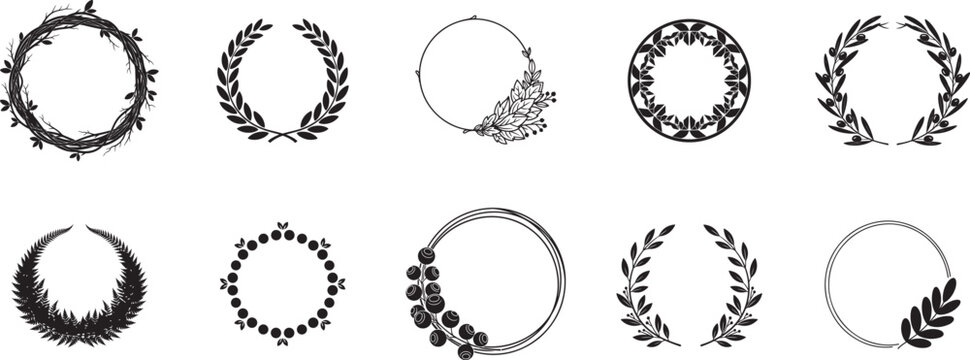 Botanical wreath frame silhouette vector set with laurel, olive, fern, berry and floral circle border for logo and invitation