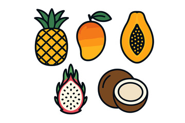 Set of tropical fruits: pineapple, mango, papaya, dragon fruit, and coconut icons
