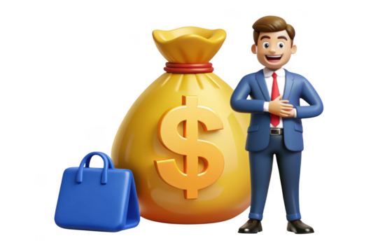 3d cartoon businessman with money bag and shopping bag, financial success and investment concept, vector illustration, isolated on transparent background