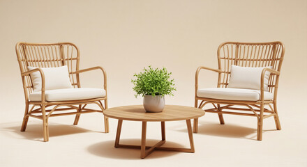 Rattan chair wooden table white cushion indoor plant minimalist modern cozy neutral color living room relaxation. Minimalist living room with two rattan chairs white cushions wooden coffee table