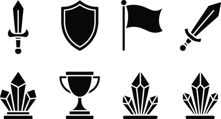 Collection of fantasy game icons including swords shields flags trophy and gemstones for digital adventure