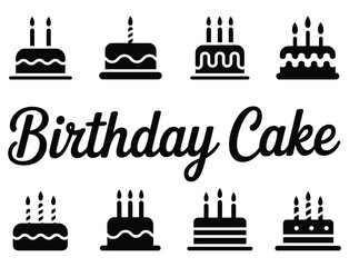 Collection of eight stylized birthday cake icons with lit candles and 'birthday cake' text