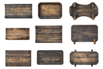 Collection of rustic wooden sign boards, vintage wood planks, textures, and elements for graphic design and crafts isolated on transparent background