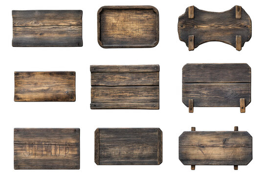 Collection of rustic wooden sign boards, vintage wood planks, textures, and elements for graphic design and crafts isolated on transparent background