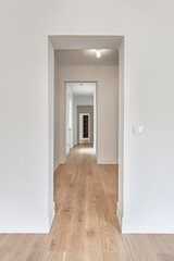 A hallway with a herringbone marble floor and dark wood doors combines classicism and functionality in the home