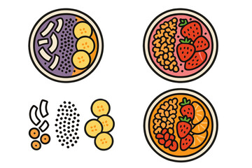 Stylized set of three healthy breakfast smoothie bowls topped with fresh fruit, nuts, and granola cereal