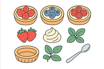 Sweet dessert elements collection featuring fruit tarts, fresh berries, and whipped cream