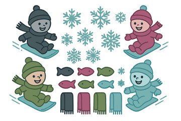 Happy cartoon children sliding on sleds wearing colorful snowsuits and warm hats in winter snow