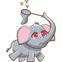 Cute Cartoon Baby Elephant With Pink Ears And Big Eyes Holds A Butterfly Net With Small Birds Flying Above On A Transparent Background