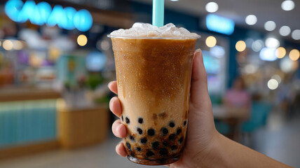 Hand holding a bubble tea with tapioca pearls.