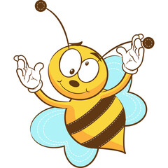 Cute cartoon bee with big eyes and fluffy wings smiling and dancing energetically against a transparent background isolated illustration