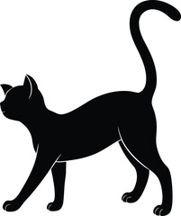 cat silhouette icon. Silhouette of a sleek black cat walking with its tail held high and curved upwards