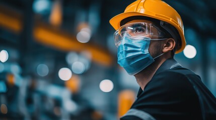 Industrial engineer in safety gear observing manufacturing equipment with dramatic side lighting in a factory environment and soft focus industrial background.