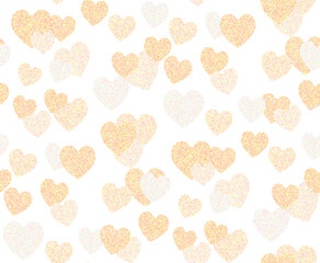 Golden glitter confetti hearts on white background. Seamless pattern with scatter hearts.