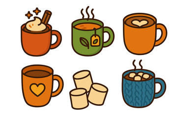 Cozy assortment of warm beverages and sweet treats including steaming tea, coffee, and hot chocolate