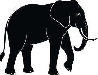 elephant silhouette icon. Silhouette of a majestic african elephant walking with tusks and trunk raised against a white background