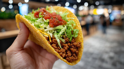 Hand holding taco with beef, lettuce, and salsa.