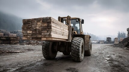 Obraz premium Yellow forklift transports a large stack of lumber through a muddy industrial yard under an overcast sky