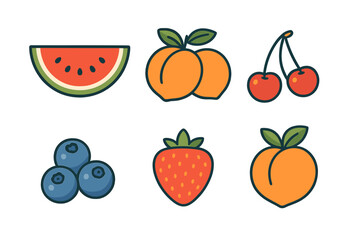 Set of six colorful summer fruits including watermelon cherry strawberry blueberry and peach