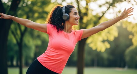 Joyful woman with headphones enjoys music in the park, arms outstretched in freedom. Healthy lifestyle, fitness, and wellness concept. Active girl exercising, feeling happy.